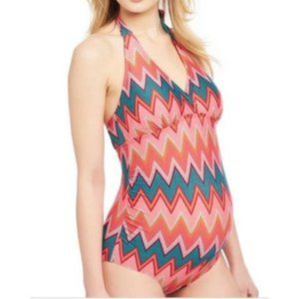 Beach Bump by Motherhood Chevron One Piece Halter Maternity Swimsuit Sz L